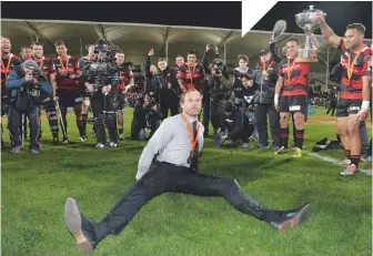 ??  ?? A merry dance Robertson celebrates Canterbury’s Mitre 10 Cup triumph last year