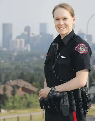  ?? DARREN MAKOWICHUK ?? Cindy Klassen, a six- time Olympic medallist, has traded in the speed skates and is now a Calgary police officer. So far, the experience has been “amazing,” she says.