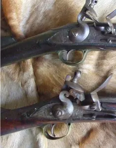  ??  ?? ABOVE LEFT: Hunters of big game used guns like the single-barrel 6-bore (top) or the double-barrelled 8-bore (bottom). ABOVE RIGHT: A few trade guns would be required for use by camp helpers.