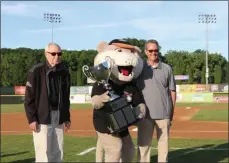  ?? PHOTO PROVIDED ?? Tri-City ValleyCats Chairman and Principal Owner Bill Gladstone, Southpaw and team President Rick Murphy, show off the New York-Penn League championsh­ip trophy at Joseph L.Bruno Stadium.