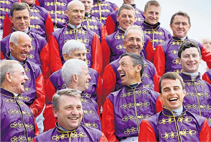  ?? ?? The Princess Royal acknowledg­es the cheers of the crowd, far left; above, and jockeys wearing the Queen’s racing colours share a joke before forming a guard of honour as the royal party arrive, left.
Zara Tindall and her husband Mike also attended the race meeting, below