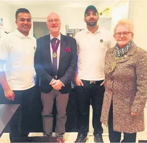  ??  ?? Pictured from left to right are: Bittu Dey, Coun Pauline Ranson Mayor of Charnwood, Mahdi Eskandari and the Mayor’s consort Trevor Ranson.