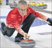  ?? ERIC MCCARTHY/JOURNAL PIONEER ?? Skip Greg Balsdon makes a shot during Wednesday’s action in the 2017 Home Hardware Road to the Roar Pre-Trials curling event at Eastlink Arena.