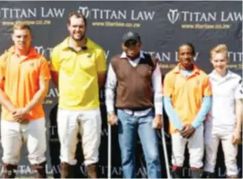  ??  ?? BRAND AMBASSADOR­S . . . Titan Law Zimbabwe team players (left to right) Thomas Wood, Gareth ‘Gaffy’ Meikle (Capt), Smart Kuusawu and Nathan Stockil pose for a photo with the Law firm’s Senior Partner Gerald Mlotshwa (Third from left) before their departure for South Africa