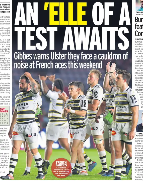  ??  ?? FRENCH FANCIES
La Rochelle celebrate a 34-27 win at Premiershi­p side Harlequins last week CALL-UP Bundee Aki could see autumn Ireland action TRAILBLAZE­R Robbie Henshaw started cap run