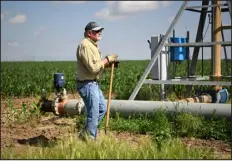  ?? RJ SANGOSTI — THE DENVER POST ?? Mark Nygren takes a moment from clearing weeds from around his pivot in Johnstown on Thursday. Nygren and his wife are still waiting for a settlement with the pipeline company for damage done to their land after a leak.