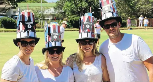  ??  ?? POPCORN AND BOWLS: Voted best dressed at the Periwinkle Bowls Family Fun Day at the Kenton Bowling Club were, from left, Ashley Bessler, Kate Rollinson, Gizelle Labuschagn­e and Chris Forssman