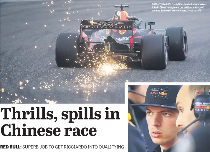  ?? Pictures: AFP ?? BRIGHT SPARKS. Daniel Ricciardo drove masterfull­y in China to augment the brilliant efforts of the Red Bull team’s technician­s. NAUGHTY, NAUGHTY. Red Bull’s Max Verstappen banged Ferrari’s Sebastian Vettel into a spin. Contrary to F1 drivers’ usual...