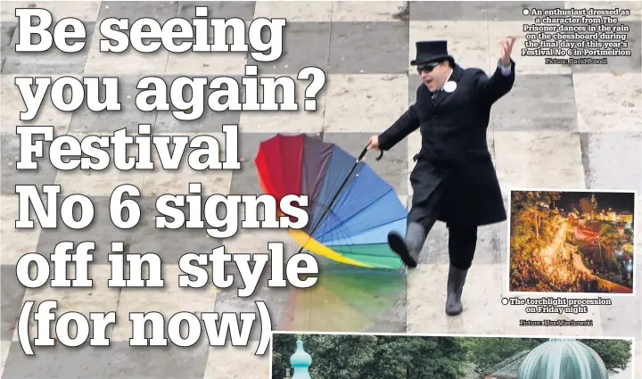  ??  ?? ● An enthusiast dressed as a character from The Prisoner dances in the rain on the chessboard during the final day of this year’s Festival No 6 in Portmeirio­n Picture: David Powell