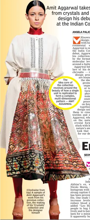  ??  ?? The idea core of the collection revolves around the beauty of how a single unit is replicated to form a complex, multi- dimensiona­l pattern — AMIT AGGARWAL ( Clockwise from top) A sample of Amit Aggarwal’s work from his previous collection, the making of his ‘ Crystalis’ collection and the designer himself