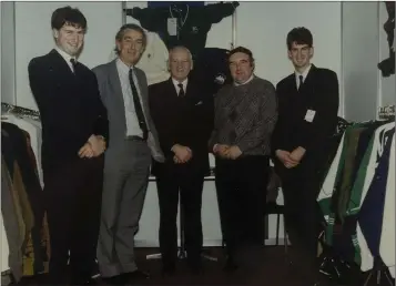  ??  ?? Niall Doogue, Tom Broderick, Martin Doogue, Tommy Conway and Brendan Doogue on the Swallow Knitwear stand at the Irish Craft Fair in the RDS in 1991.