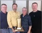  ?? Special to the Herald ?? LEFT: Men’s bonspiel B event winners was the Osoyoos rink of, from left: Skip Terry Bolton, 3rd Grahame Bensted, 2nd Patrick Campbell and lead David Arnold. RIGHT: Men’s bonspiel D event winners was the Summerland rink of skip Don Lawrence, left, and...