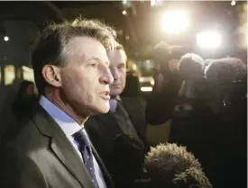  ??  ?? LONDON: In this Nov. 13 2015 file photo, IAAF President Sebastian Coe gives a statement to journalist­s outside his office in London. A step-by-step anti-doping roadmap that Russia will have to follow to be allowed back into internatio­nal competitio­n is...