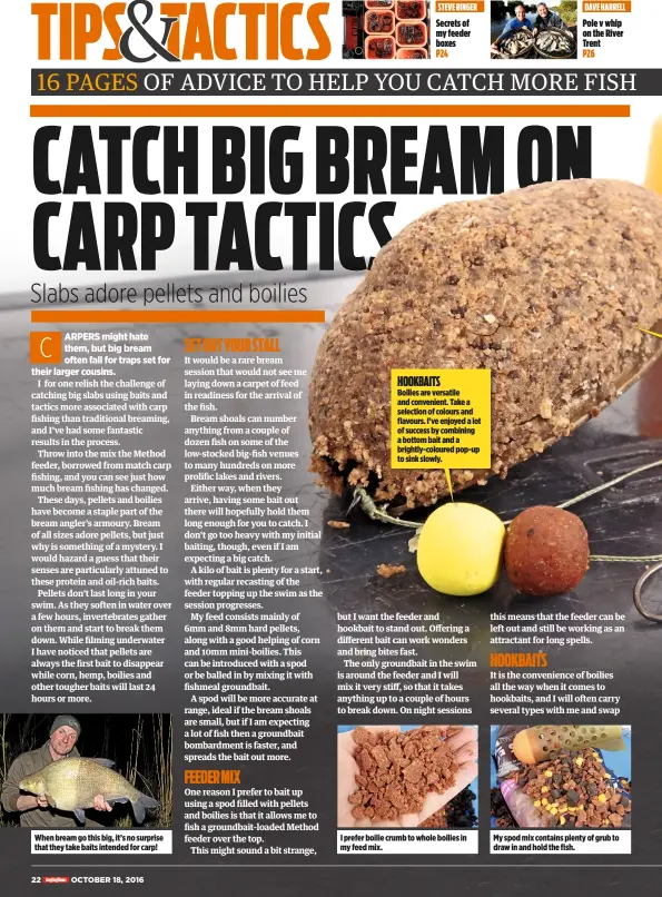  ??  ?? When bream go this big, it’s no surprise that they take baits intended for carp! HOOKBAITS Boilies are versatile and convenient. Take a selection of colours and flavours. I’ve enjoyed a lot of success by combining a bottom bait and a brightly-coloured...