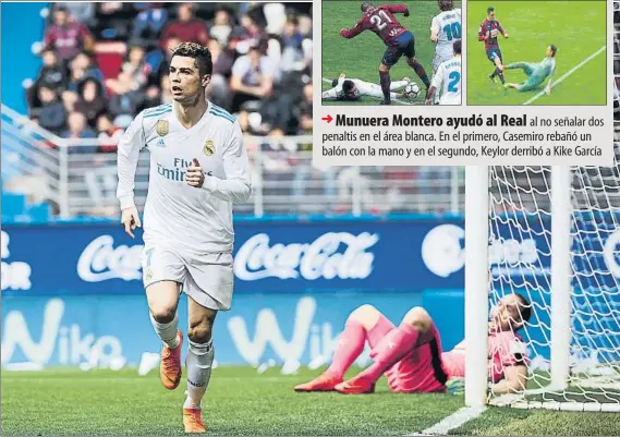  ?? FOTO: GETTY ?? Cristiano Ronaldo se dispone a celebrar el 1-2 del Real Madrid con Dmitrovic en el suelo
Munuera Montero ayudó al Real al no señalar dos penaltis en el área blanca. En el primero, Casemiro rebañó un balón con la mano y en el segundo, Keylor derribó a...