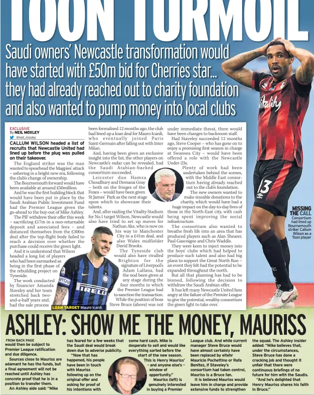  ??  ?? LOAN TARGET Mauro Icardi
Consortium had lined up Bournemout­h striker Callum Wilson as a Toon player