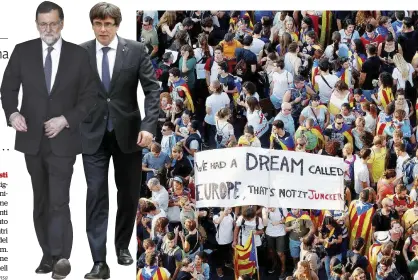  ?? LaPresse/Ansa ?? Antagonist­i Rajoy e Puigdemont. Manifestaz­ione davanti al Parlamento e gli scontri nel giorno del referendum. Sotto, Carme Forcadell