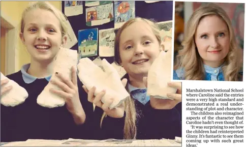  ??  ?? Children from Marshalsto­wn NS making a model of Ginny; RIGHT: author Caroline Busher