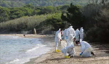  ?? (Photo L. Martinat) ?? Les opérations de dépollutio­n des parties de l’île souillées ont débuté dans le cadre Polmar le  octobre dernier (notre photo). La société Le Floch dépollutio­n a pris de relais depuis. Au total,  m de déchets, mêlant fioul, sable, posidonie et bois avaient déjà été récoltés en fin de semaine dernière.