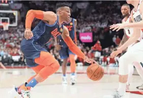  ??  ?? Thunder guard Russell Westbrook drives against the Trail Blazers on April 23. Westbrook as been traded to the Rockets. JAIME VALDEZ/USA TODAY SPORTS