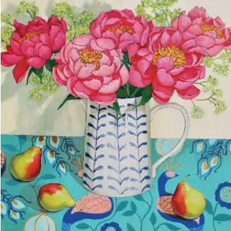  ??  ?? Peonies, Pears & Peacocks, oil on cradled panel, 36 x 36" (91 x 91 cm)
Every year I wait impatientl­y for peonies to arrive in the town market. I was recently working on a series of very large still lifes and wanted something bright and fun. I had been holding on to a beautiful turquoise fabric and thought it fit perfectly with the peonies. The pears tie it all together, mirroring the lime green in the foliage and the yellow centre of the flowers. I kept the pears loose and gestural, as the focus is the peonies. I painted the fabric last, adjusting the hue of the turquoise to best complement the overall piece.