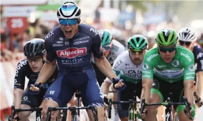  ?? Jordan/AFP/Getty Images ?? Jasper Philipsen celebrates after crossing the line in Albacete at the end of the second stage of the Vuelta a España. Photograph: José