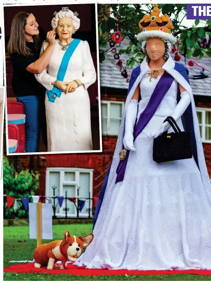  ?? ?? Lifesize: Knitters in Cheshire made the Queen and a corgi. Inset: The Queen made from cake