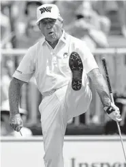  ?? Eric Christian Smith / Contributo­r ?? Gary Player reacts after hitting his tee shot on the 10th hole during the Greats of Golf competitio­n.