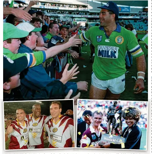  ??  ?? SIMPLY THE BEST: (Top) Mal Meninga farewells fans after Canberra’s victory over Canterbury in the 1994 grand final; (above, left) Anthony Mundine, Wendell Sailor and Gorden Tallis celebrate the Broncos’ Super League premiershi­p win in 1997; and (above,...