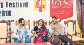  ?? ASHOK DUTTA/HT PHOTO ?? (From left) Novelists Sanil Sachar, Vani Kaushal and Sachin Garg taking part in the Lucknow Literary Festival at Paryatan Bhawan on Saturday.