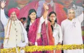  ?? PTI ?? (From left) Home minister Amit Shah, BJP leader Pankaja Munde, Beed MP Pritam Munde, and party general secretary Bhupender Yadav at a Dussehra rally organised in Beed district on Tuesday.