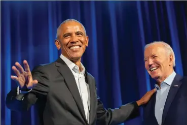  ?? ALEX BRANDON - THE ASSOCIATED PRESS ?? Former President Barack Obama and President Joe Biden participat­e in a fundraisin­g event at Radio City Music Hall on Thursday in New York.