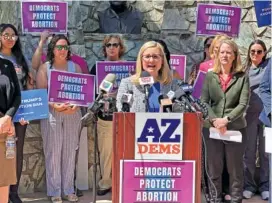  ?? AP PHOTO/JONATHAN COPPER ?? Phoenix Mayor Kate Gallego speaks Tuesday to reporters at the state Capitol in Phoenix.