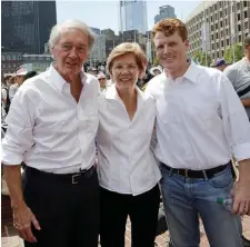  ?? AP file ?? HAPPIER TIMES: Sens. Ed Markey and Elizabeth Warren, and Rep. Joe Kennedy III, from left, were on the same team when this photo was taken in 2018.
