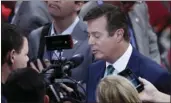  ??  ?? In this July 17, 2016 file photo, President Donald Trump’s Campaign Chairman Paul Manafort is surrounded by reporters on the floor of the Republican National Convention in Cleveland. AP PHOTO/J. SCOTT APPLEWHITE