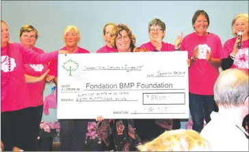  ??  ?? A happy group of Yamaska Valley Optimist Club members celebrate while revealing the total amount of money raised after the Walk for Women’s Cancer Sunday.