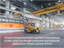  ??  ?? Emirates Global Aluminium reported a rise in annual profits, driven by stronger production and improved global prices. (Photo courtesy of EGA)