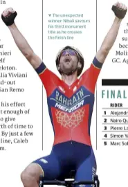  ??  ?? On the Via Roma, Nibali glances behind as the rampant group of sprinters close in
The unexpected winner: Nibali savours his third monument title as he crosses the inish line