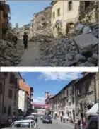  ?? EMILIO FRAILE, MARCO BRECCIAROL­A, THE ASSOCIATED PRESS ?? The top photo shows the village of Amatrice Wednesday, after the earthquake. The bottom photo was taken just a few days before.