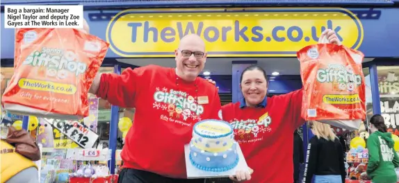  ??  ?? Bag a bargain: Manager Nigel Taylor and deputy Zoe Gayes at The Works in Leek.