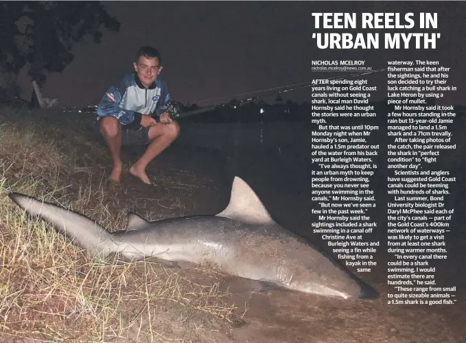  ??  ?? Jamie Hornsby with the bull shark which he hauled out of Lake Heron at Burleigh Waters.