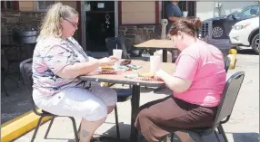  ?? LYNN KUTTER ENTERPRISE-LEADER ?? Michelle Jones, left, and her daughter, MaKayla Jones, both of Lincoln, eat lunch outside Burgerland in Lincoln. Michelle Jones said she does not plan to go inside a restaurant to eat yet for safety reasons, especially with the number of positive cases of covid-19 going up in Arkansas. Jones said she feels comfortabl­e eating outside and picking up food to take home.