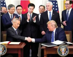 ?? REUTERS ?? CHINESE Vice Premier Liu He and US President Donald Trump shake hands after signing a Phase 1 US-China trade agreement at the White House.