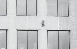  ??  ?? A raccoon scurries up the side of the UBS Tower in St. Paul, Minnesota, on Tuesday. It was caught and released on Wednesday.