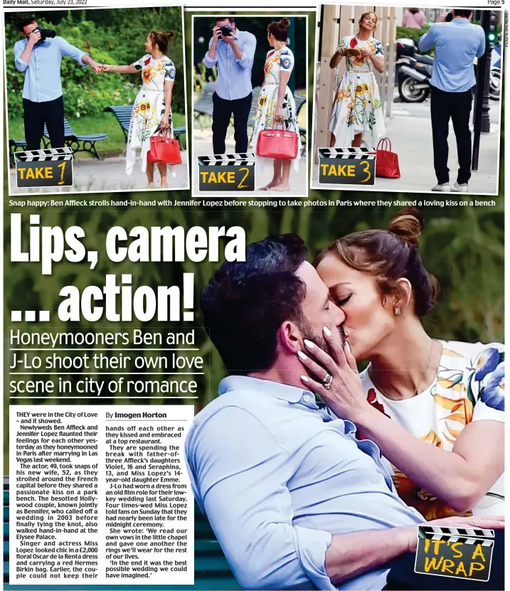  ?? ?? Snap happy: Ben Affleck strolls hand-in-hand with Jennifer Lopez before stopping to take photos in Paris where they shared a loving kiss on a bench