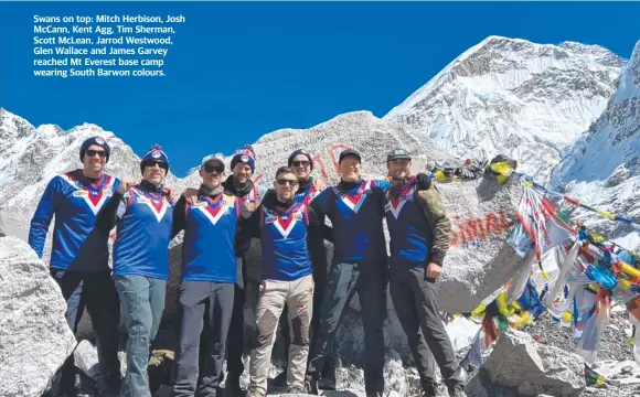  ?? ?? Swans on top: Mitch Herbison, Josh McCann, Kent Agg, Tim Sherman, Scott McLean, Jarrod Westwood, Glen Wallace and James Garvey reached Mt Everest base camp wearing South Barwon colours.