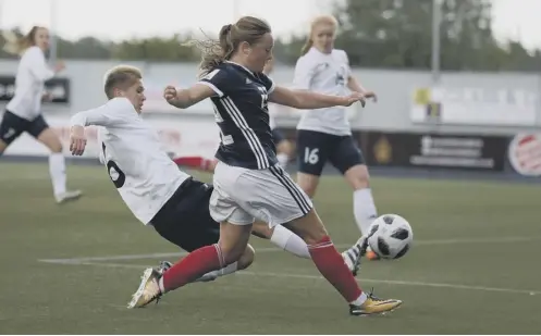  ??  ?? 0 Erin Cuthbert scores the equaliser for Scotland Women before going on to secure three precious points against Belarus last night.