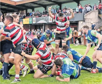  ?? ?? Last-minute winner Angus Turner is at the bottom of this pile with Max Williamson celebratin­g County’s crucial try. Photo by Bryan Robertson