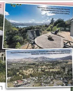  ?? ?? This house with a view in Onuku Rd, A will be auctioned in July. It has a valuation of $1.1 approachin­g in demand, with average values Homes in Hanmer Springs are also as holiday homes. $800,000, with the majority used