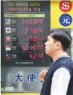  ?? Yonhap ?? A public monitor at a money exchange in Seoul shows the won-dollar rate temporaril­y surpassing the 1,400 won mark,Tuesday.